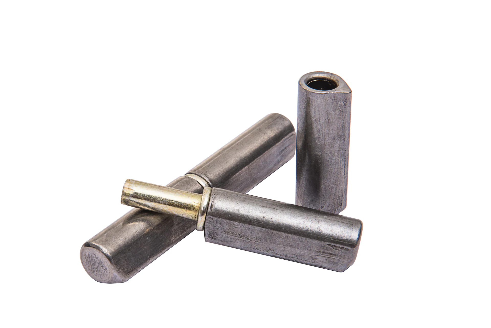 Close view of real pin-type industrial weld-on hinges on a neutral metal surface