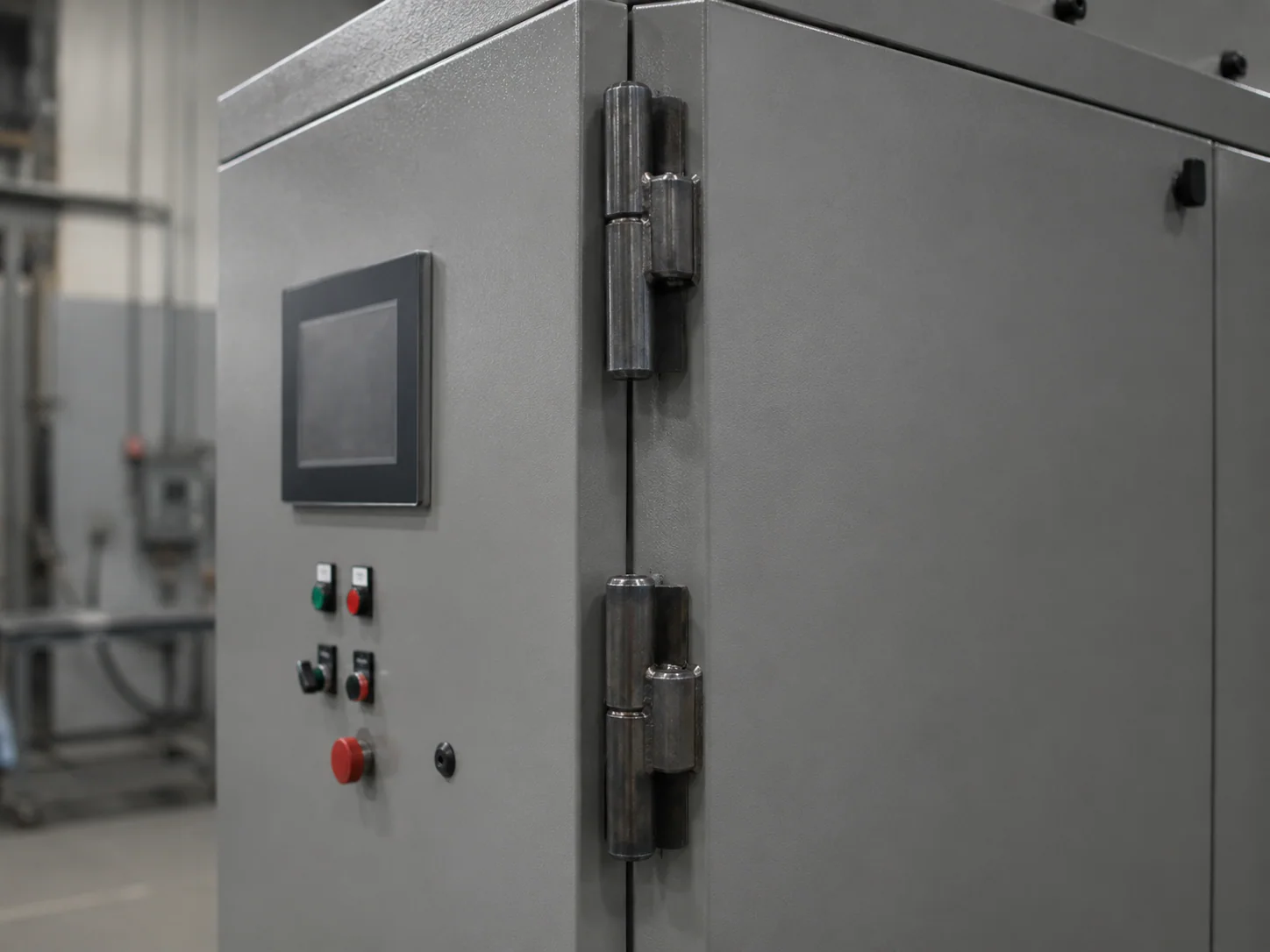 Industrial application illustration focused on a weld-on hinge connection at a steel control cabinet door