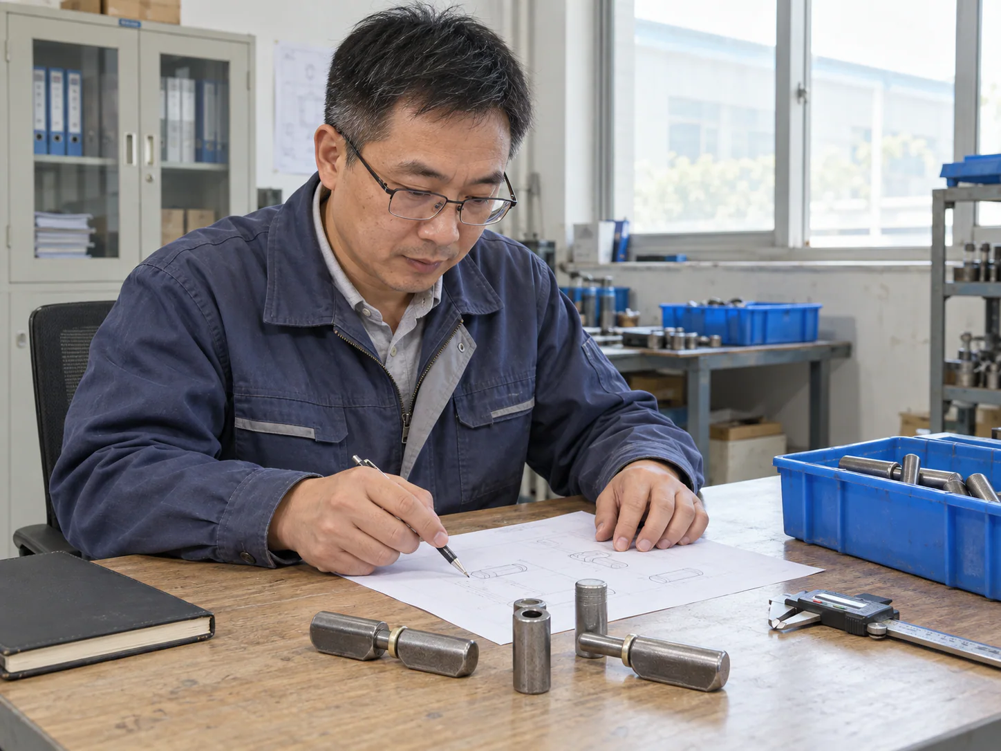 AI-generated scene of a worker reviewing a requirement sketch beside water-drop weld-on hinges at a workshop office desk