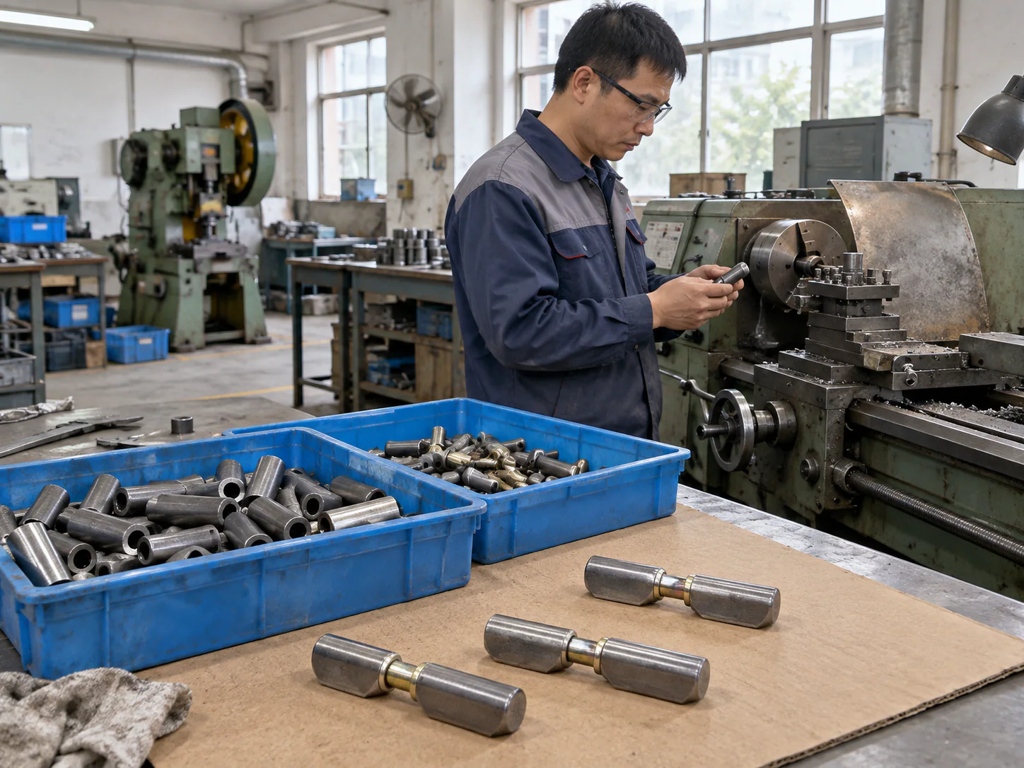 AI-generated scene of water-drop weld-on hinge components in turnover trays beside a worker and a conventional lathe in a Chinese workshop setting