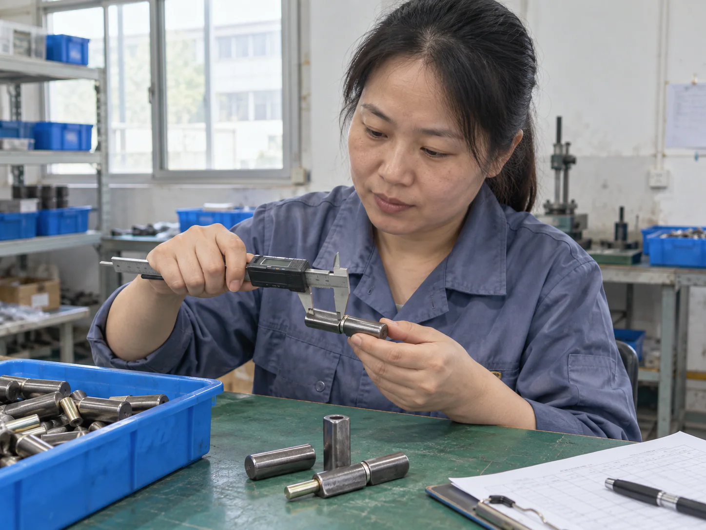 AI-generated scene of a worker checking a water-drop weld-on hinge with digital calipers at a workshop inspection table