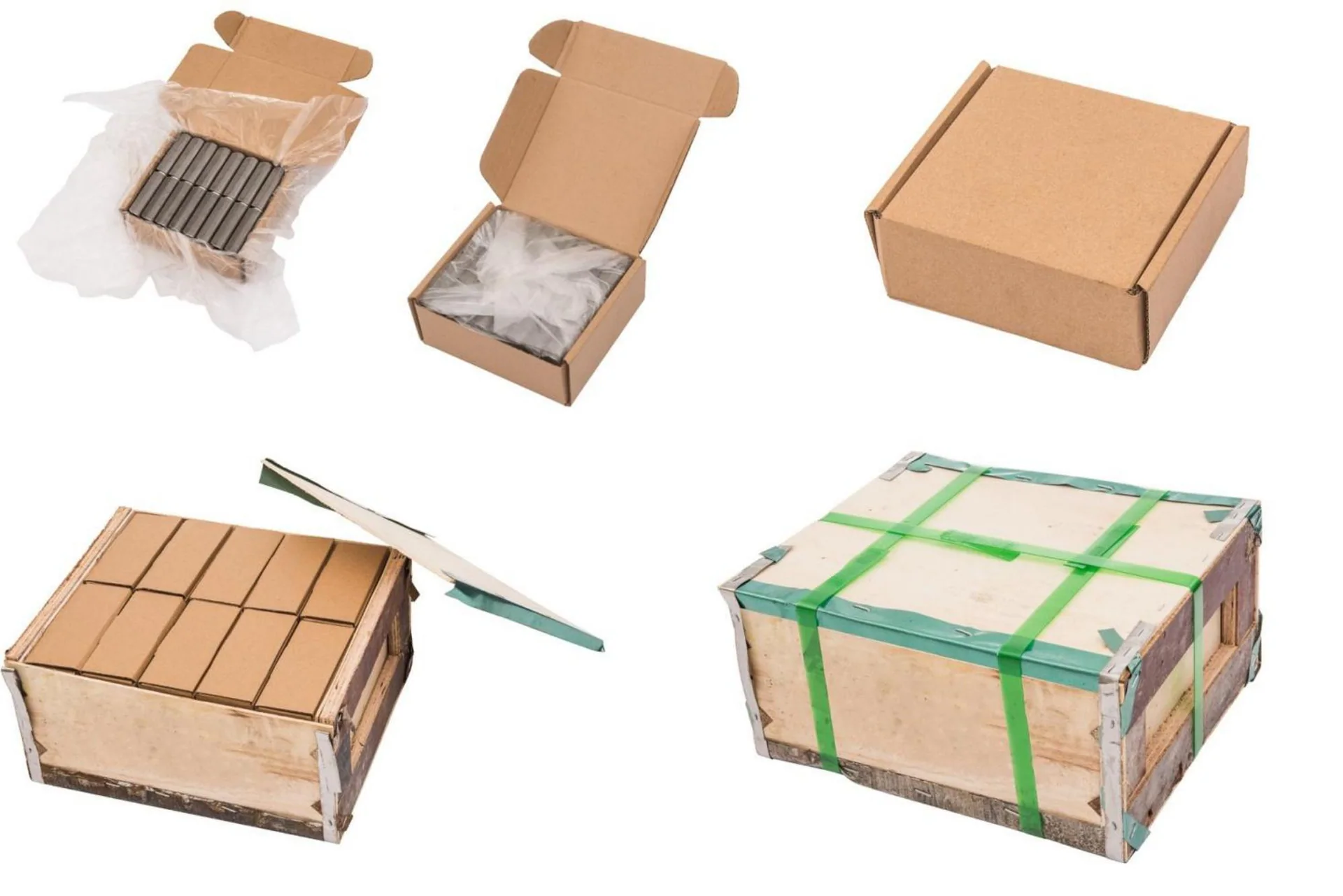 Actual catalog packaging for the 12, 14 and 16 Type series with film-lined inner boxes and a strapped composite wooden case
