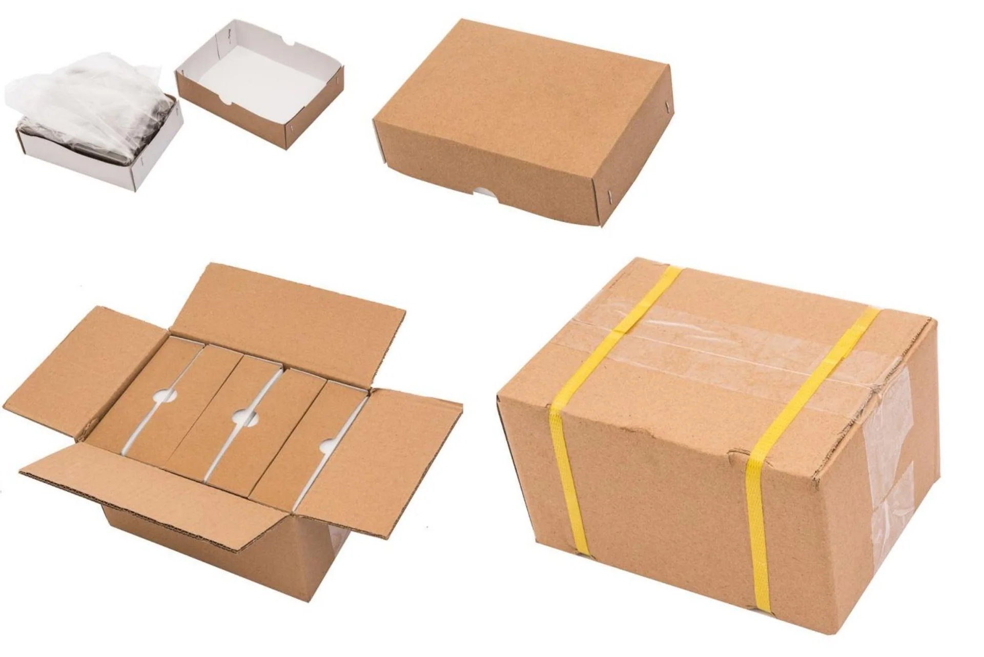 Actual catalog packaging for the 20 Type series with film-lined inner cartons, a corrugated outer carton, sealing tape and packing straps